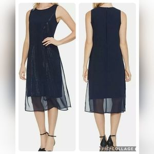 NWT VINCE CAMUTO Sequin sheer chiffon overlay Navy A-line Dress Size XXS XS